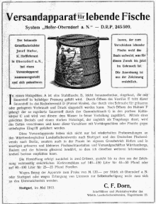 Werbeblatt für den patentierten „Versandapparat für lebende Fische - System Hofer Oberndorf a.N.“ von 1912