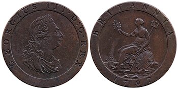 Copper coin, one side showing a profile view of a man; the other a seated woman holding a trident