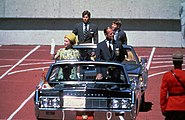 The Queen's Canadian Standard flying on her car, at the opening of the 1978 Commonwealth Games in Edmonton, Alberta