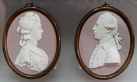 Sir Joseph Banks and Lady Banks, portrait miniature by John Flaxman Jr, 1780–1785, solid lilac jasper with white relief.