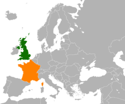 Map indicating locations of United Kingdom and France
