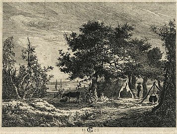 etching of a camp in a wood