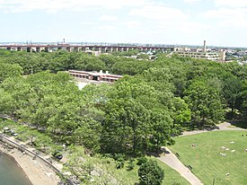 Overhead view of the park with the Hell Gate railroad line in the background