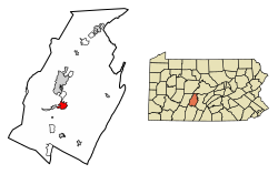 Location of Hollidaysburg in Blair County, Pennsylvania (left) and of Blair County in Pennsylvania (right)