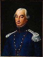 Painting depicts a somber, round-eyed man in a blue military uniform with silver epaulettes.