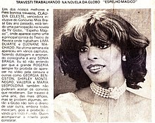 A scan of a newspaper published in 1977 with a photo of Cláudia Celeste about the telenovela Espelho Mágico (Magic Mirror).