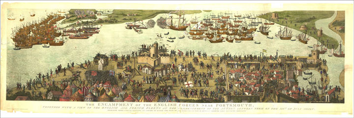 Engraving and watercolour version of The Encampment of the English forces near Portsmouth