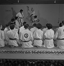 Frank Hatashita instructing a judo class in Toronto (1955)