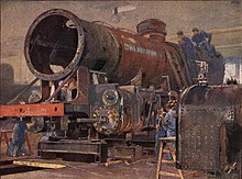 Drawing showing men building a locomotive.