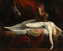 painting of a demon on the chest of a sleeping woman