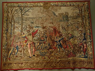 Eine Tapisserie zeigt die Jagd von Maximilian mit Schloss Tervuren im Hintergrund