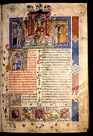 First page, Illuminated Chronicle, Chronicon Pictum, Mark of Kalt, King Louis I of Hungary, Hungarian, medieval, chronicle, book, illumination, illustration, history