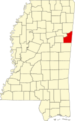 Map of Mississippi highlighting Lowndes County