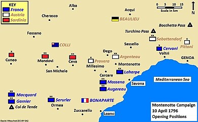 Map shows the Montenotte campaign on 10 April 1796.