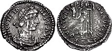 Both sides of a worn silver coin. One side showing the profile of a man with two strings of beads in his hair, the reverse a stylised figure bearing a spear and a globe.