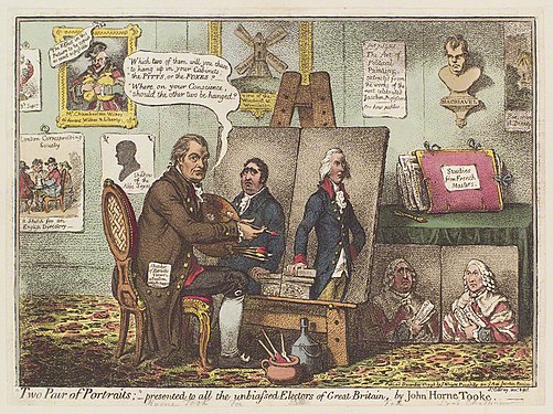 "Two Pair of Portraits;" – presented to all the unbiassed Electors of Great Britain, an anti-Whig caricature published in 1798 by James Gillray showing Fox as the personification of vice next to a portrait of Pitt as the embodiment of honesty, followed by portraits of their fathers, Lord Holland and Lord Chatham displayed below. The title is an allusion to a pamphlet by John Horne Tooke.