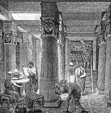 drawing of column-studded room in which men study rolls of papyrus.