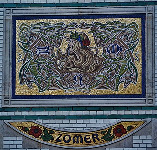 Mosaic which portrays summer as a woman, with a neo-Byzantine golden background, in Antwerp, Belgium