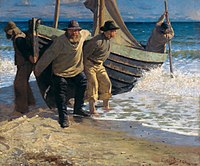 Launching the Boat. Skagen, Oscar Björck, 1885