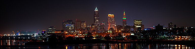 Cleveland skyline at night from Lake Erie