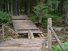 Log bridge in Slovakia with additional logs laid crosswise (a beam bridge)