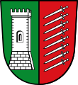 Stadt Göggingen Gespalten von Grün und Rot; vorne ein silberner Quaderturm, hinten übereinander acht schräglinks mit der Spitze nach abwärts gelegte blanke Schwerter.