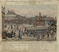 The execution of Couthon; the body of Adrien Nicolas Gobeau, ex-substitute of the public accuser Fouquier and member of the Commune, the first who suffered, is shown lying on the ground;[473] Robespierre (#10) is shown holding a handkerchief to his mouth. Hanriot (#9) is covering his eye, which came out of its socket when he was arrested.