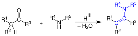 Allgemeine Reaktionsgleichung der Enamin-Bildung durch Kondensation einer Carbonylverbindung mit einem sekundären Amin