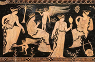 Eros und Himeros als geflügelte Knaben auf einem attisch-rotfigurigen Gefäß, um 400 v. Chr.