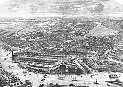 Hamburg aerial view with Kaiserspeicher left-centre, 1882