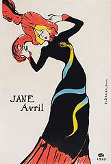 Flat colours and visible outline, inspired by Japanese art – Jane Avril, by Henri de Toulouse-Lautrec (1899), multiple exemplars in different locations