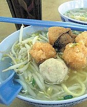 Deep-fried fish balls in a noodle soup from Kampar, Perak, Malaysia