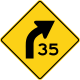Zeichen W1-2aR Rechtskurve mit empfohlener Geschwindigkeit