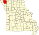 A state map highlighting Nodaway County in the northwestern part of the state.