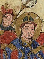 Maqamat al-Hariri (BNF Arabe 3929, circa 1200-1210), Turkic ruler detail wearing the sharbūsh with the tall cap