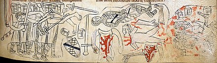 Photograph of a 13th-century representation of the death of Simon de Montfort