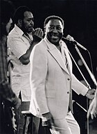A photograph of Muddy Waters performing live at The Ontario Place, Toronto in June 1978. To the far left of Waters stands harmonica player James Cotton.