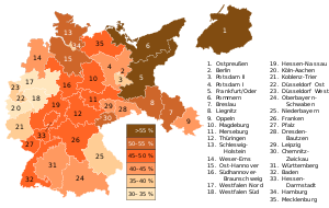 NSDAP in der Reichstagswahl März 1933 (die Farbskala zeigt den Stimmenanteil der NSDAP im jeweiligen Wahlkreis)
