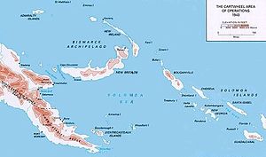 Map of the New Guinea area. Rabaul is at the top, Wau on the left.