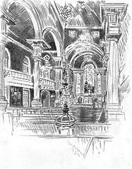 Christ Church Interior, c. 1914, by Joseph Pennell; Gostelowe's baptismal font is in the foreground.