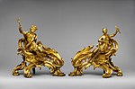 Pair of Rococo firedogs (chenets); circa 1750; gilt-bronze; dimensions of the first: 52.7 × 48.3 × 26.7 cm, of the second: 45.1 × 49.1 × 24.8 cm; Metropolitan Museum of Art