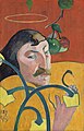 Image 1 Self-Portrait with Halo and Snake Painting: Paul Gauguin Self-Portrait with Halo and Snake is an 1889 oil on wood painting by French artist Paul Gauguin, which represents his late Brittany period in the fishing village of Le Pouldu in northwestern France. It shows Gauguin against a red background with a halo above his head and apples hanging beside him as he holds a snake in his hand while plants or flowers appear in the foreground. The religious symbolism and the stylistic influence of Japanese wood-block prints and cloisonnism are apparent. The work is one of more than 40 self-portraits he completed. It is held at the National Gallery of Art in Washington, D.C. More selected pictures