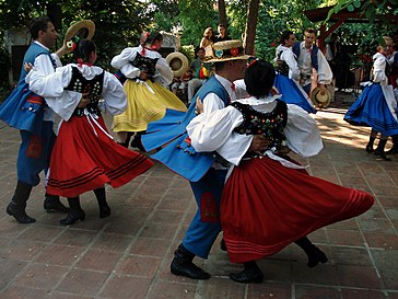 Folk dance – some dance traditions travel with immigrant communities, as with this festival dance performed by a Polish community in Turkey.