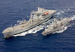 RFA Wave Ruler (left) carrying out a replenishment at sea with the frigate HMS Iron Duke in 2006