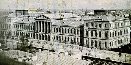 Neoclassical - The old building of the University of Bucharest, 1857–1864, bombarded in April or May 1944 during WW2 and partially destroyed, partially rebuilt during the late 1960s, designed by Alexandru Orăscu and decorated with sculptures by Karl Storck[29]