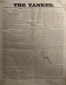 Stained white paper with words printed in three columns in blank ink below the magazine title and motto