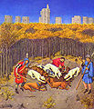 A hunting party in the Bois de Vincennes in the 15th century, from the Très Riches Heures du duc de Berry. The towers of the chateau are visible in the background.
