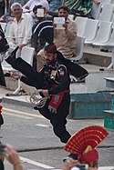Pakistani border soldier performing a high kick at the Wagah border ceremony in 2015.