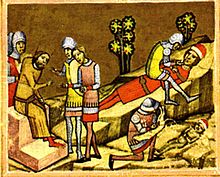 A crowned man sitting on a throne gives orders to two soldiers; a young man and a baby lying on cliffs, and a soldier kneels by each
