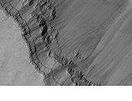 Layers in the canyon wall in Coprates, as seen by Mars Global Surveyor, under the MOC Public Targeting Program.